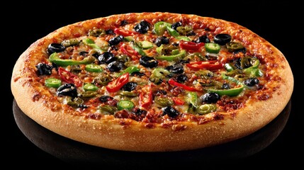 Crispy Pizza Topped with Black Olives Green Jalapenos and Red Peppers on a Black Background
