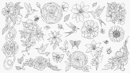 Elegant Floral and Fauna Line Art Collection. © Pocong