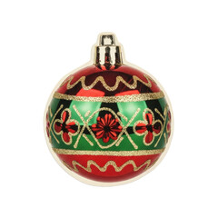 A decorative Christmas ornament with festive designs and patterns hangs on a white background