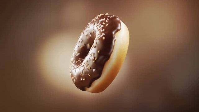 Glazed donut with chocolate icing and sprinkles floating in space. Suitable for foodthemed designs and promotional material.