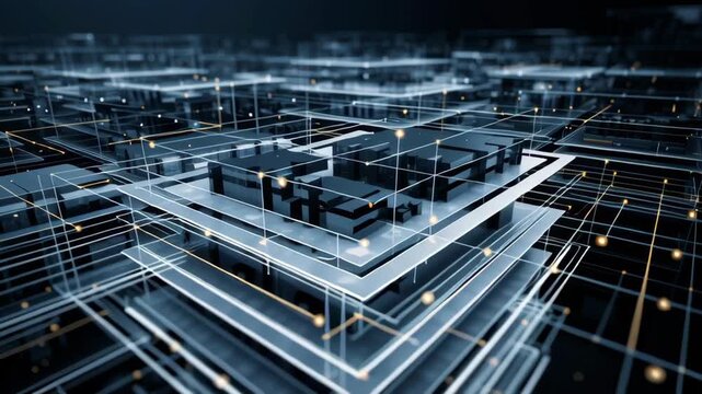 A cityscape with many tall buildings and glass w. Enterprise data privacy architecture, layered digital security structures, abstract network geometry, clean corporate editorial style 