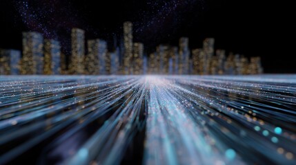 Cyber Cityscape: A futuristic panorama unfolds, showcasing an abstract city silhouette with a network of digital data streams.