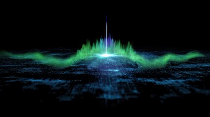 Digital landscape with a vibrant glow: Futuristic abstract visualization featuring data streams and light beams against a dark background. Evokes technological innovation and digital evolution.