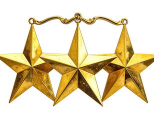 Three shiny golden stars hang together, ornate support above