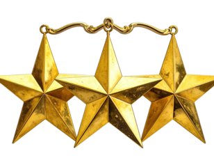 Three shiny golden stars hang together, ornate support above