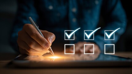 A close-up showcases a hand meticulously using a pen on a tablet, highlighting completed tasks marked with illuminated checkmarks