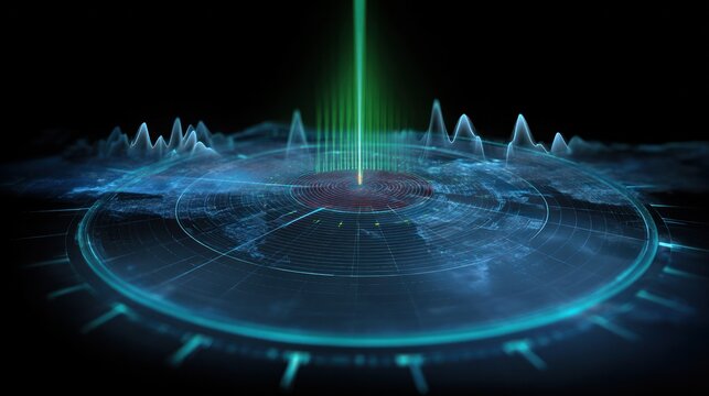 Digital Radar's Beacon: Capturing the technological essence of an advanced digital radar, emitting a potent green laser beam. The illustration highlights sophisticated technology.