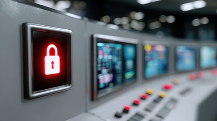 Security Protocol Initiated: A close-up view captures the essence of digital safety with a prominent padlock icon, symbolizing protection, and a series of monitors displaying critical data.