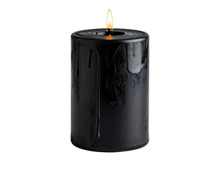 A black, cylindrical candle with melting wax and a flickering flame