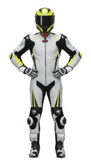 Fototapeta premium Motorcycle Racer Standing with Hands on Hips, Full Body View on Isolated Background