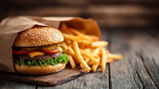 A close-up shows a sesame seed burger with cheese, tomato, and lettuce, next to crispy fries spilling from a paper bag on wooden planks