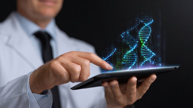 Digital Exploration of Genetic Code: A medical professional employs a cutting-edge tablet to interact with a vibrant, digital representation of the DNA double helix. - Powered by Adobe