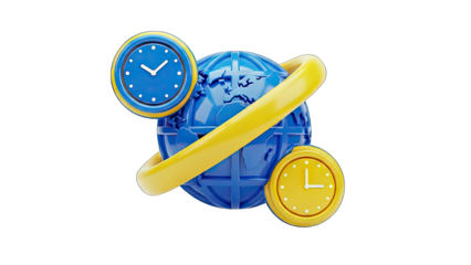 World Time Concept: Globe, Clocks, and Ring