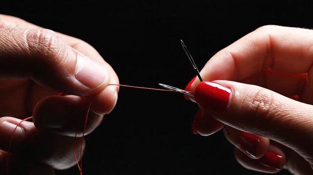 Macro close-up of hands threading a needle with red thread on a black background, focusing on precision, detail, and tailoring craftsmanship.