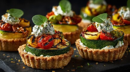 Elegant Vegetable Tartlets Topped with Cream Cheese Zucchini and Grilled Cherry Tomatoes on Dark Background with Bright Moody Lighting