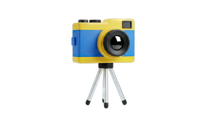 Yellow and Blue Camera on Tripod Isolated on White