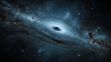 Dramatic Spiral Galaxy with a Central Black Hole and Scattered Stars in Deep Space against Dark Background