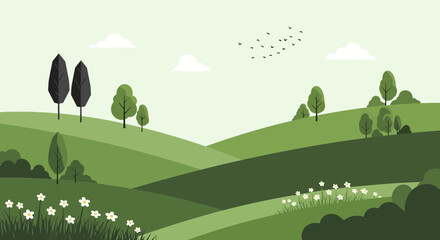 Obraz premium A serene landscape unfolds with rolling green hills dotted with trees and wildflowers under a pale sky with scattered clouds and a flock of birds soaring above