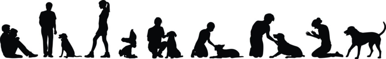 Silhouettes of people interacting with dogs in various poses showing affection, training, play, and companionship