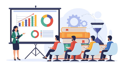 A confident businesswoman leads a training session, presenting financial data and charts on a projector screen to an attentive audience seated in chairs