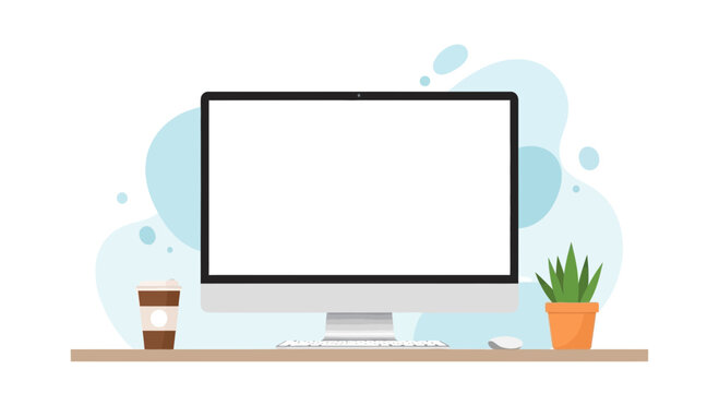 A modern desktop computer setup with a blank screen, a coffee cup, and a potted plant on a desk, against a soft blue abstract background