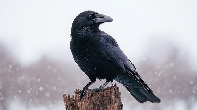 A striking Carrion Crow sits perched on a wooden post in falling snow, creating a moody scene.