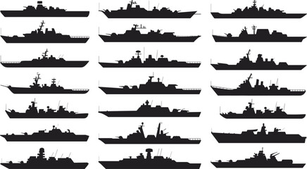 Collection of Warship Silhouettes on White Background Keywords: warship, navy, military, fleet, ship, vessel, battleship © MDBENJIR