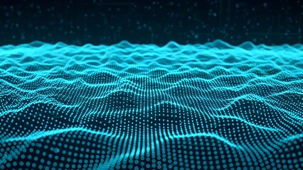 Abstract digital wave surface composed of glowing cyan particles moving across a dark futuristic background