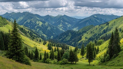 Lush Green Mountain Valley Panorama under Dramatic Cloudy Sky with Evergreen Trees and Wildflowers in the Foreground