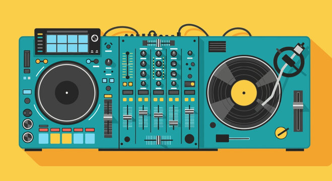 A modern teal dj turntable and mixer setup with a screen and various controls, casting a long shadow on a vibrant yellow background