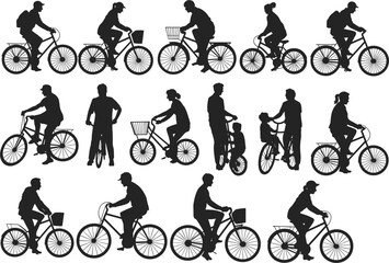 Obraz premium Diverse Group of People Silhouettes Riding Bicycles in Various Poses Keywords: bicycle, cyclist, silhouette, person, riding