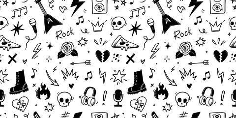 Rock music seamless pattern with guitar, skull, punk symbols. Hand drawn doodle grunge stickers with stars, roses and lightning bolts for rock music background, tattoo design. Vector illustration