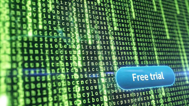 Digital matrix background featuring a glowing blue button prompting users to access software or a service with a free trial offer