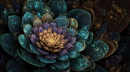 Intricate Fractal Flower with Golden Center and Teal Petals in Dark Background and Dotted Pattern Abstract