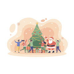 Modern Flat Christmas Celebration Illustration with Santa Claus, People Dancing and Decorated Tree