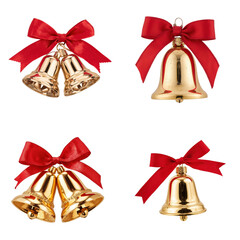 Christmas set of golden bells with red ribbons festive decorations home holiday spirit close-up view seasonal cheer