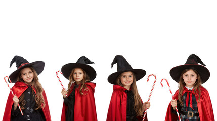 Magical christmas set with young witches in red capes and hats indoor studio playful atmosphere enchanting concept