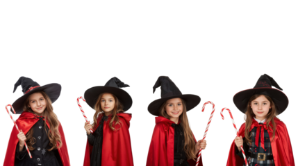 Magical christmas set with young witches in red capes and hats indoor studio playful atmosphere enchanting concept