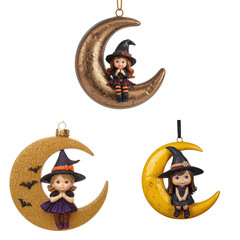 Enchanting christmas set of witch figurines on moon ornaments festive decor whimsical vibes cozy holiday atmosphere