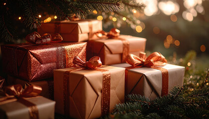Numerous holiday presents wrapped in sparkling brown paper and glittering ribbons are stacked under a Christmas tree