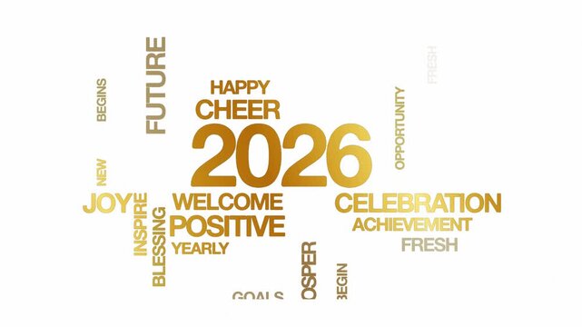 2026 new year number concept Animated Tag Word Cloud kinetic typography, Text Design Animation typography seamless loop video motion graphics Intro Wordart tag cloud reveal 