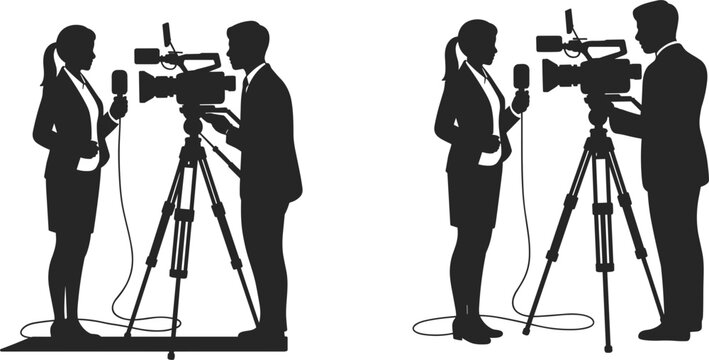 Silhouettes of a female reporter interviewing a cameraman with a video camera on a tripod journalist