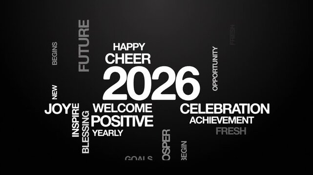 2026 new year number concept Animated Tag Word Cloud kinetic typography, Text Design Animation typography seamless loop video motion graphics Intro Wordart tag cloud reveal white type on black bg