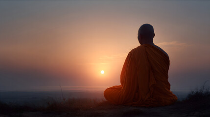 Monk meditating in full lotus position on hilltop at golden hour. Spiritual healing and peace concept for World Meditation Day.