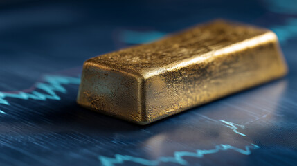 Premium textured gold ingot rests on a glowing blue financial stock chart.