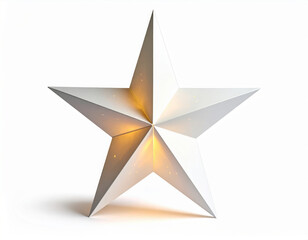 A white five pointed star illuminated with warm light on a white background
