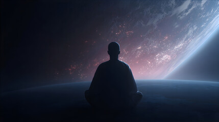 Man meditating in lotus position with earth and space behind, symbolizing cosmic connection and mindfulness for World Peace Meditation Day.