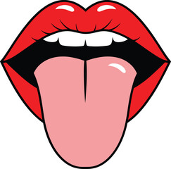 Red Lips with Tongue Out Vector Illustration in Pop Art Style for Fashion Makeup and Expressive Design Elements.