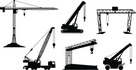 Silhouettes of construction cranes and lifting equipment industrial © MDBENJIR