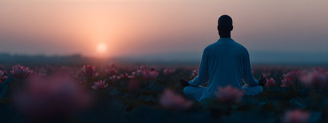 Man meditating in lotus position at sunset in a field of water lilies. Spiritual practice for peace, relaxation and wellness. World peace meditation day.